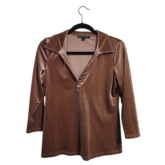 Boston Proper Tops - BOSTON PROPER Velvet Polo Collared Knit Top V-Neck 3/4 Sleeve Blouse Brown S